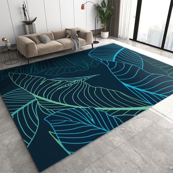 Modern Fashion Navy Blue Rug, Tropical Rainforest Gradient Stripes Banana Leaf Large Living Room Rug, Foldable Comfy Washable Carpet for Bedroom Dorm Room Decor Mats 2ft x 3ft