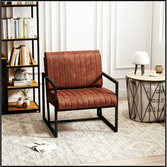 Modern Fashion PU Leather Feature Armchair with Metal Frame Extra-Thick Padded Backrest and Seat Cushion, for Living Room,Bedroom, Office, Studio, Brown