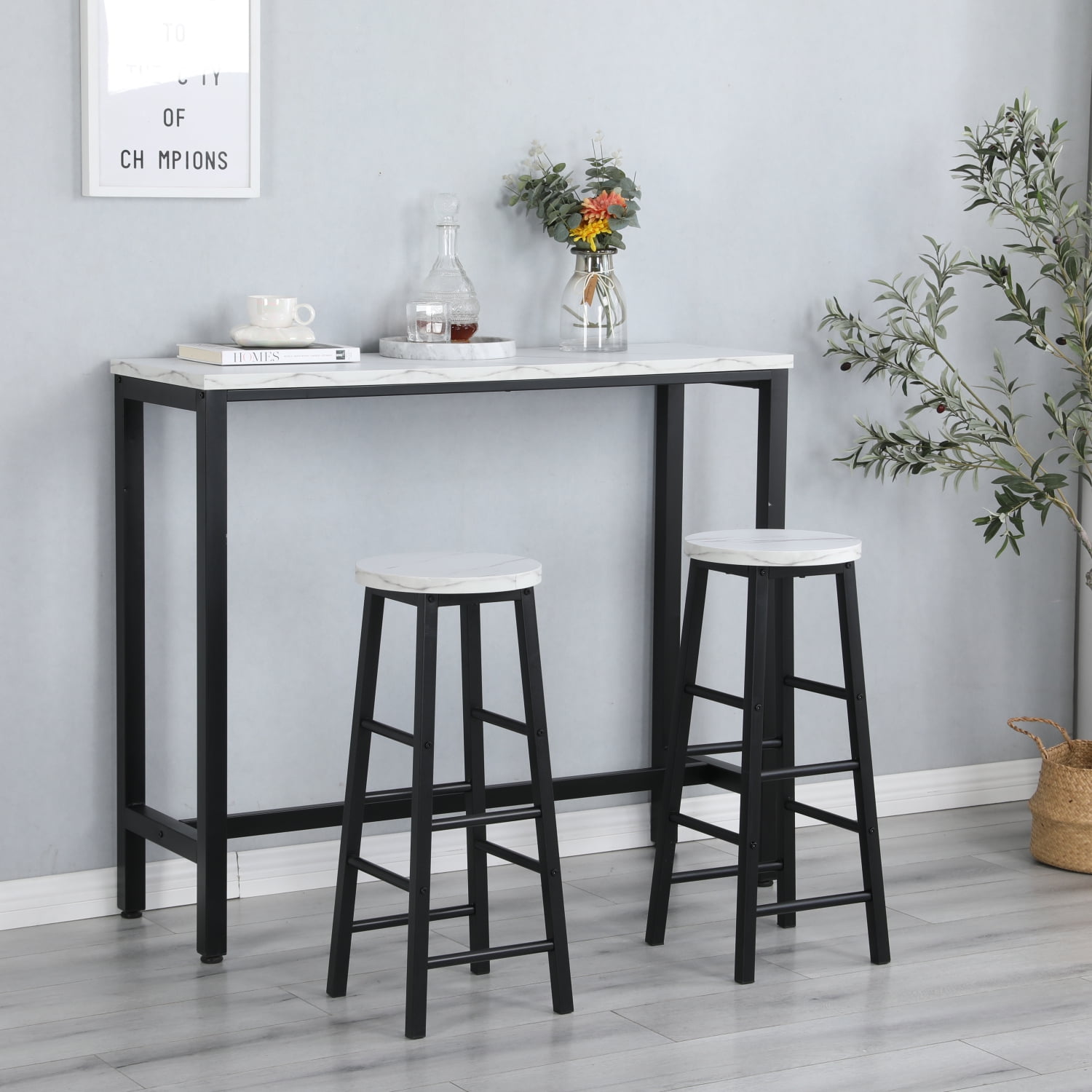 Modern Faux Black Marble Table Top High Bar Table with 2 Elegant Bar ...