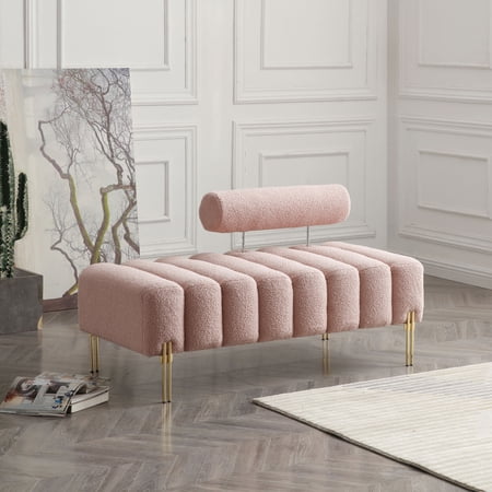 Modern Faux Fur Upholstered End of Bed Bench, 2 Seater Fluffy Ottoman Stool Footrest Sofa with Metal Legs for Entrway Bedroom Living Room