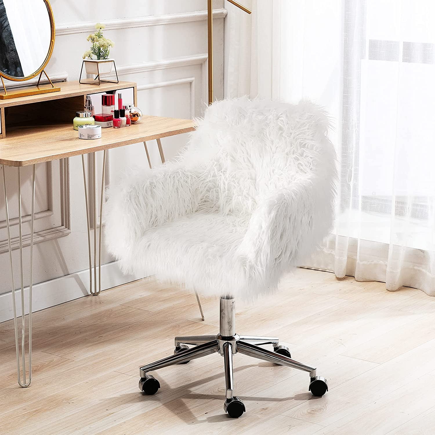 Modern Faux Fur Vanity Stool SYNGAR Stylish Fluffy Upholstered Padded Dressing Chair Height Adjustable Makeup Seat Back w 360 Degree Swivel