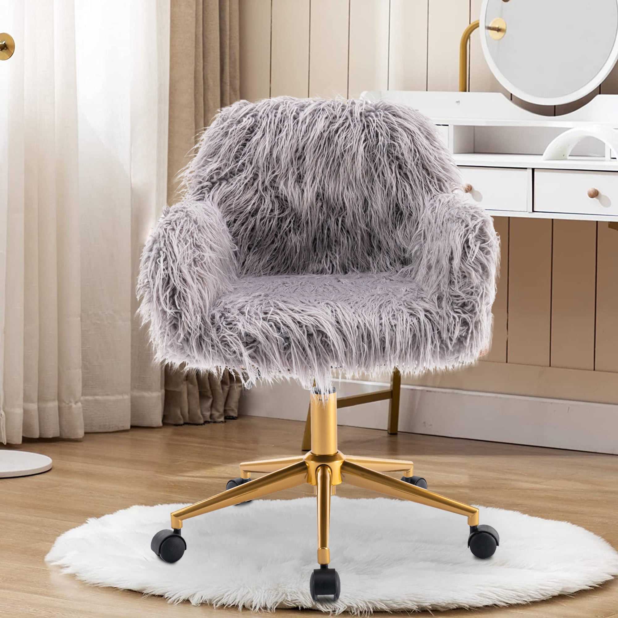 Modern Faux Fur Vanity Stool, Stylish Fluffy Upholstered Padded