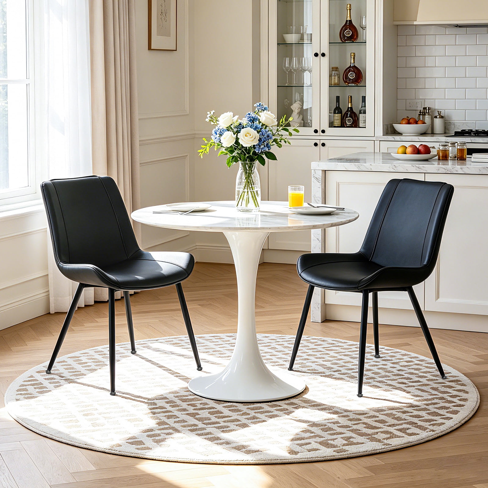 Modern Faux Leather Dining Chairs Set of 2, Upholstered Dining Side Chairs with Metal Legs, Comfort Backrest Chair For Kitchen Dining Room Cafe(Black, Black Legs)