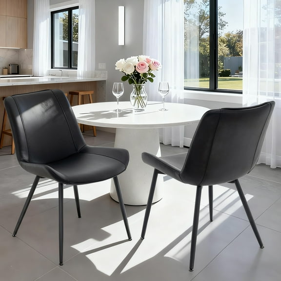 Modern Faux Leather Dining Chairs Set of 2, Upholstered Dining Side Chairs with Metal Legs, Comfort Backrest Chair For Kitchen Dining Room Cafe(Black, Black Legs)