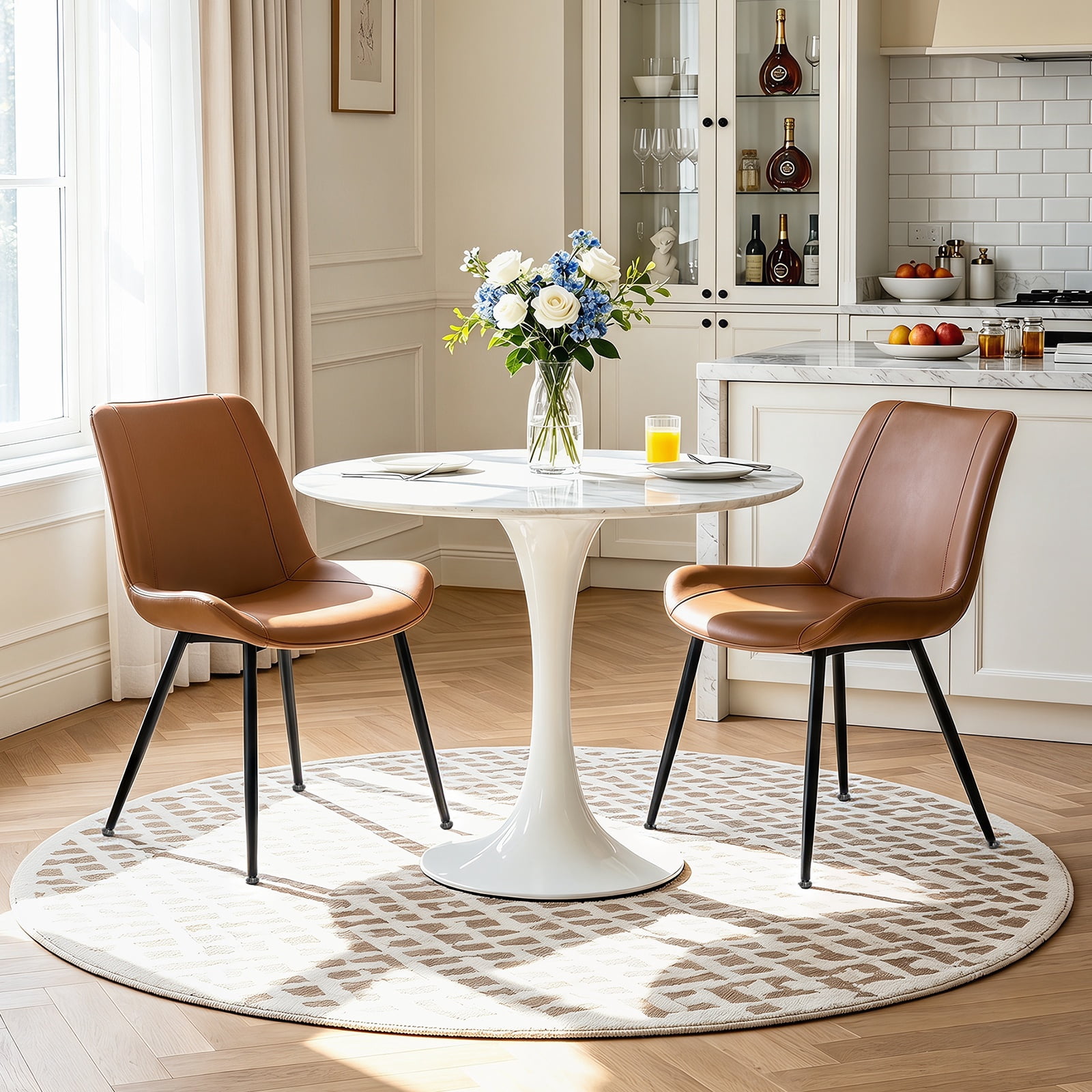 Modern Faux Leather Dining Chairs Set of 2, Upholstered Dining Side Chairs with Metal Legs, Comfort Backrest Chair For Kitchen Dining Room Cafe(Brown, Black Legs)