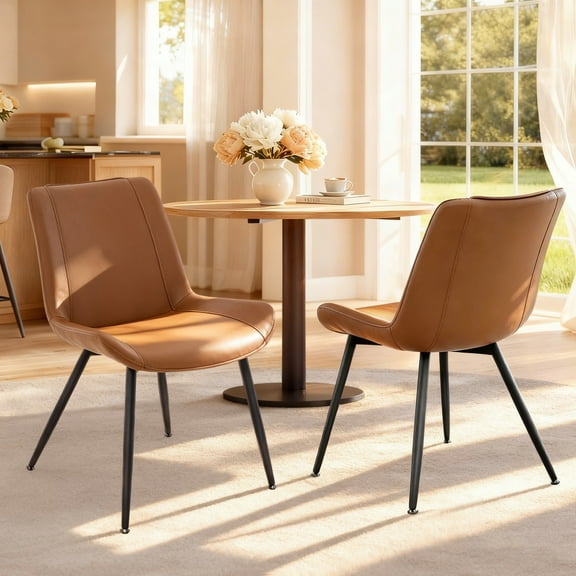 Modern Faux Leather Dining Chairs Set of 2, Upholstered Dining Side Chairs with Metal Legs, Comfort Backrest Chair For Kitchen Dining Room Cafe(Brown, Black Legs)