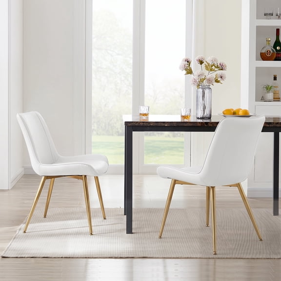 Modern Faux Leather Dining Chairs Set of 2, Upholstered Dining Side Chairs with Metal Legs, Comfort Backrest Chair For Kitchen Dining Room Cafe(White, Gold Legs)