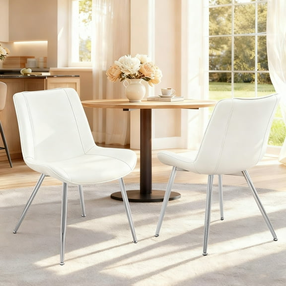 Modern Faux Leather Dining Chairs Set of 2, Upholstered Dining Side Chairs with Metal Legs, Comfort Backrest Chair For Kitchen Dining Room Cafe(White, Silver Legs)
