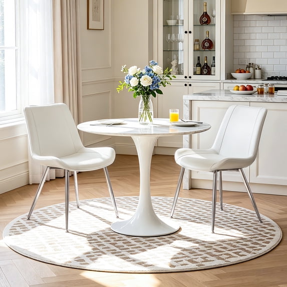 Modern Faux Leather Dining Chairs Set of 2, Upholstered Dining Side Chairs with Metal Legs, Comfort Backrest Chair For Kitchen Dining Room Cafe(White, Silver Legs)