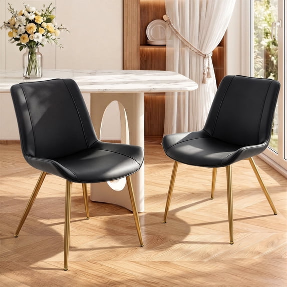 Modern Faux Leather Dining Chairs Set of 2, Upholstered Kitchen & Dining Room Chairs with Backrest, Durable Metal Legs(Black, Gold Legs)