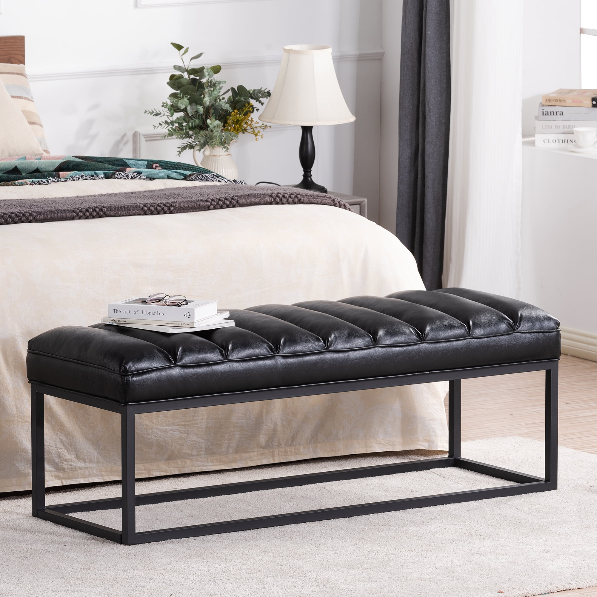 Modern Faux Leather End of Bed Bench, Upholstered Ottoman Bench with ...
