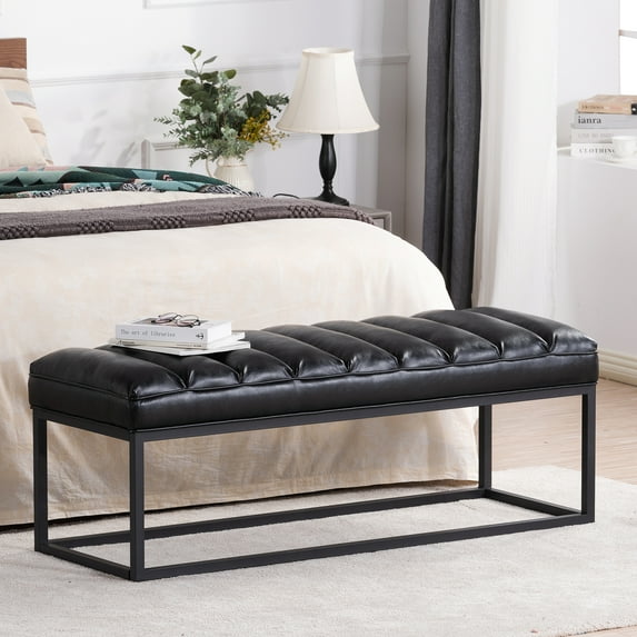 Modern Faux Leather End of Bed Bench, Upholstered Ottoman Bench with Metal Legs for Bedroom Entryway Living Room