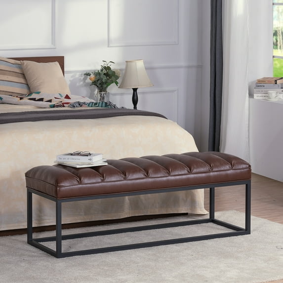 Modern Faux Leather End of Bed Bench, Upholstered Ottoman Bench with Metal Legs for Bedroom Entryway Living Room