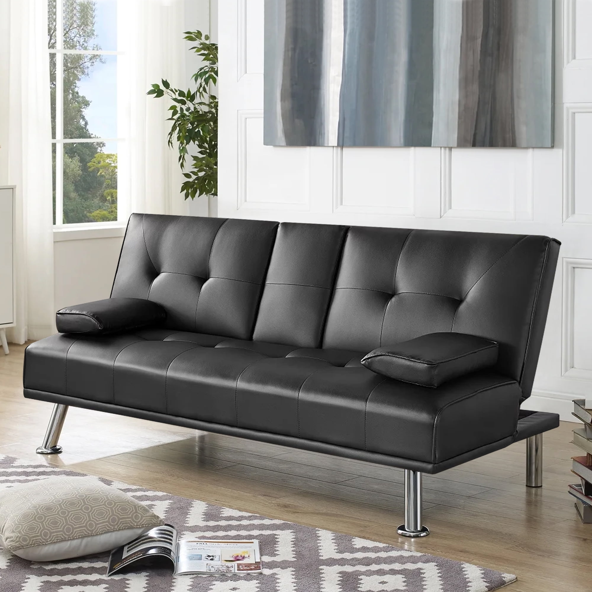 Modern Faux Leather Futon Sofa Bed with Cup Holders, Convertible