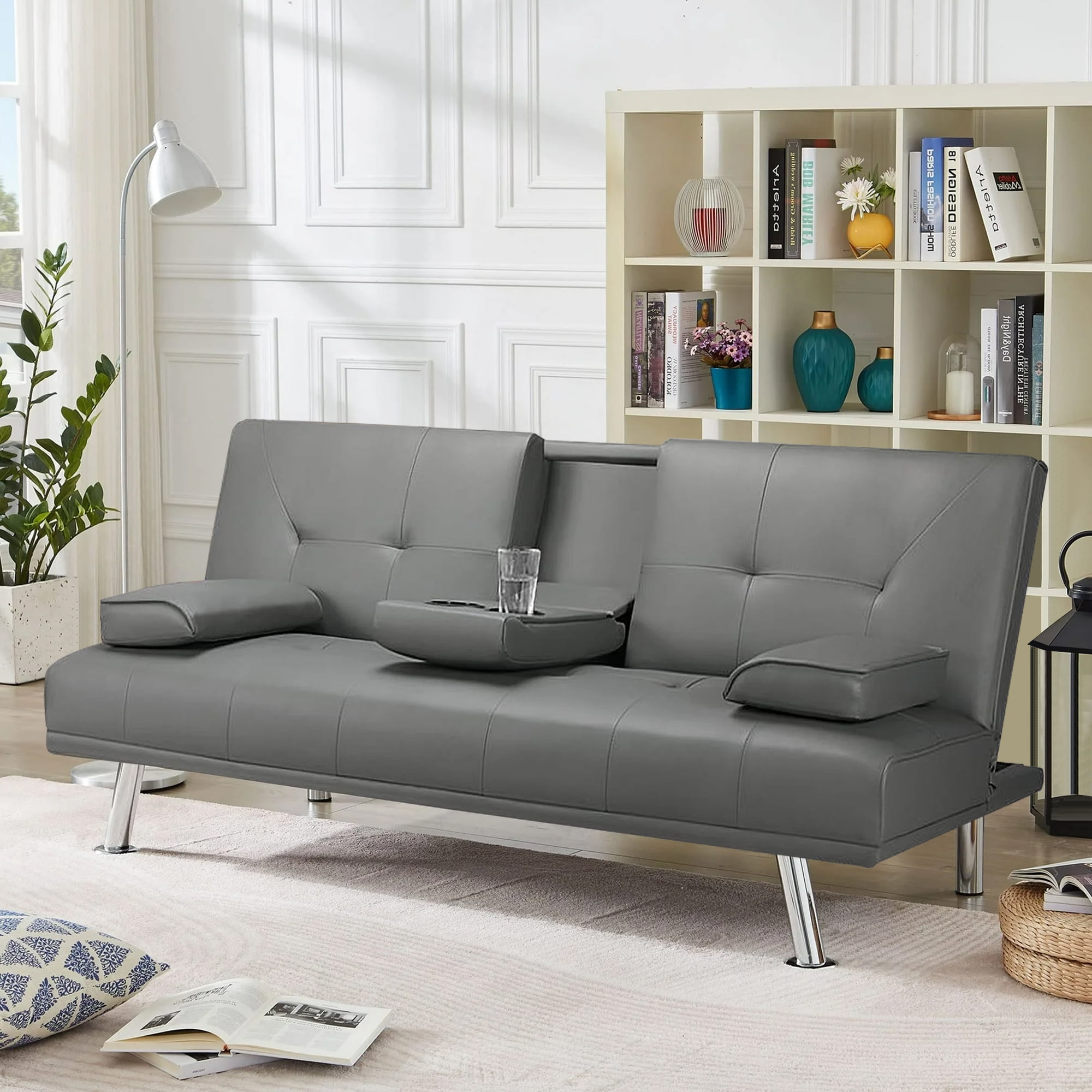 Modern Faux Leather Futon Sofa Bed with Cup Holders, Convertible