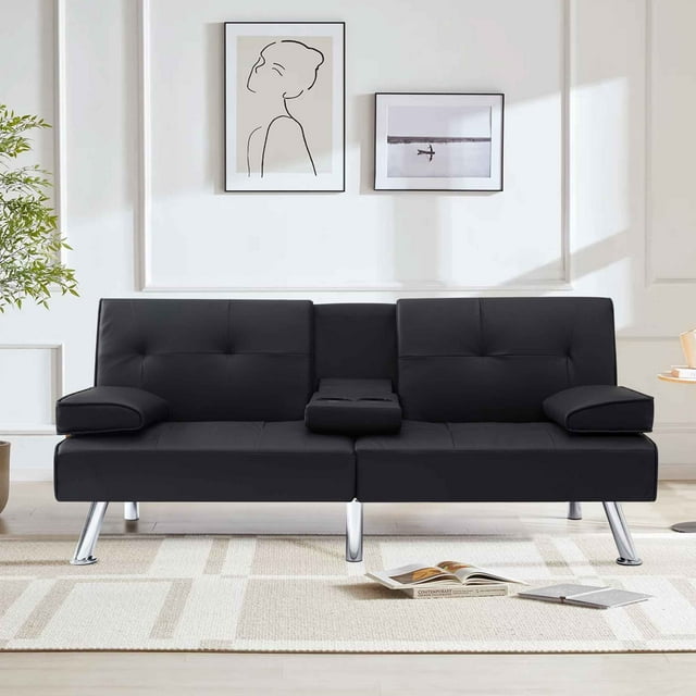 Modern Faux Leather Futon with Cupholders and Pillows, Dark Black