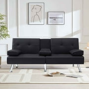 Modern Faux Leather Futon with Cupholders and Pillows, Dark Black
