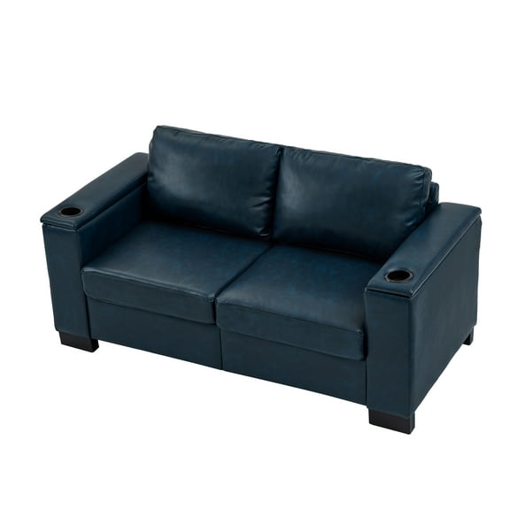 Modern Faux Leather Loveseat, 2 Seats Upholstered Couch With Cup Holders and Storage For Living Room Office Apartment