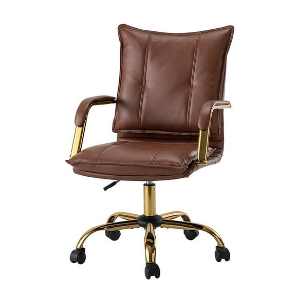Modern Faux Leather Office Chair Adjustable Swivel Desk Chair with Gold Legs and Arms, Brown