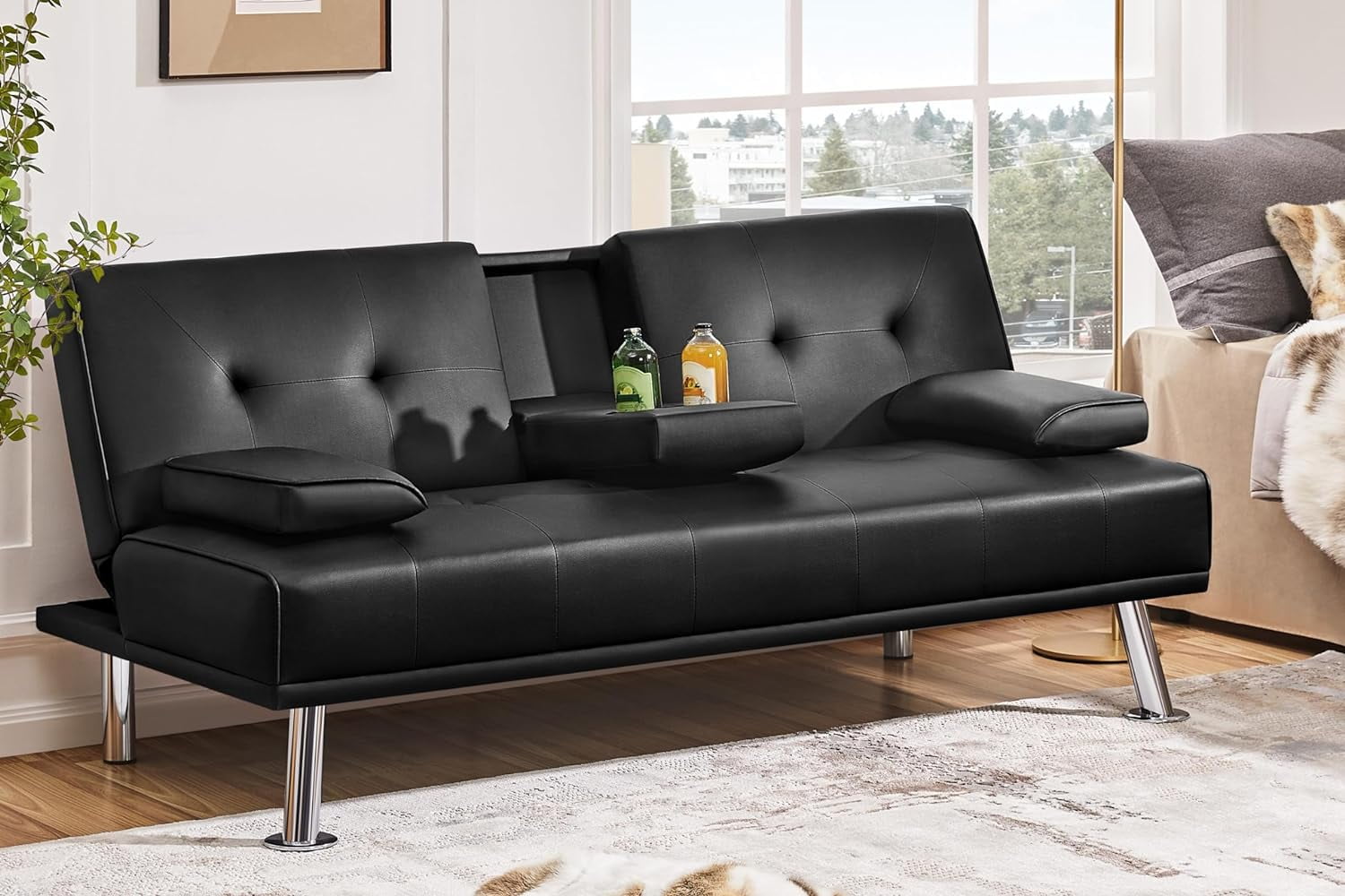 Modern Faux Leather Sofa Bed Convertible Folding Futon with Armrest ...