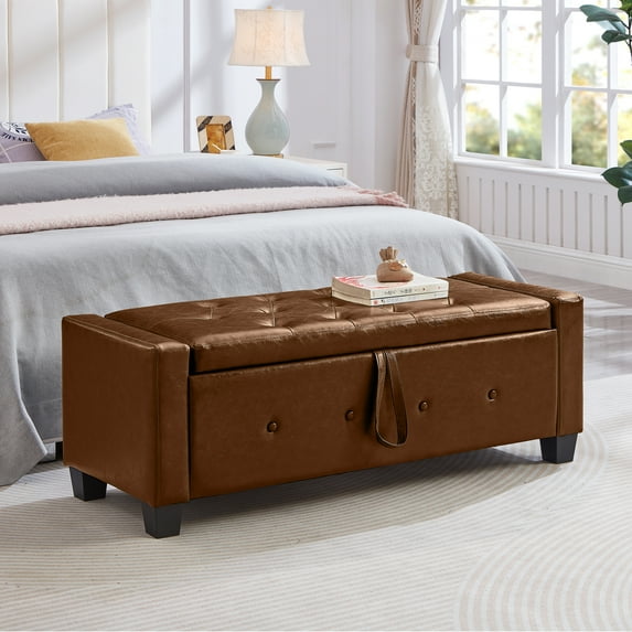 Modern Faux Leather Storage Bench, Flip Top Button Tufted Ottoman For Living Room Bedroom Entryway