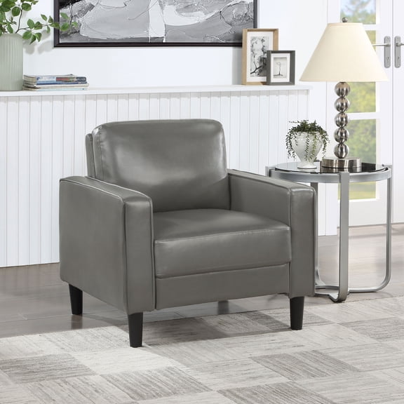 Modern Faux Leather Track Arm Accent Chair with Tapered Feet, Gray, 32.25" W