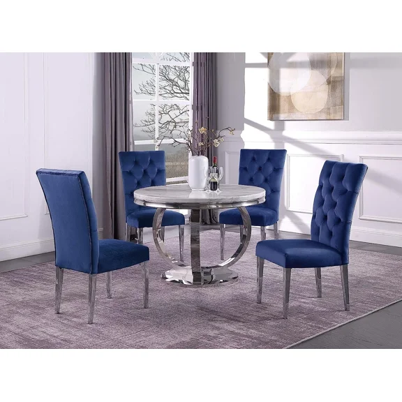 Modern Faux Marble 5pc Dining Set, 52 in Round Dining Table with Velvet Upholstered Tufted Side Chairs, Navy/Chrome