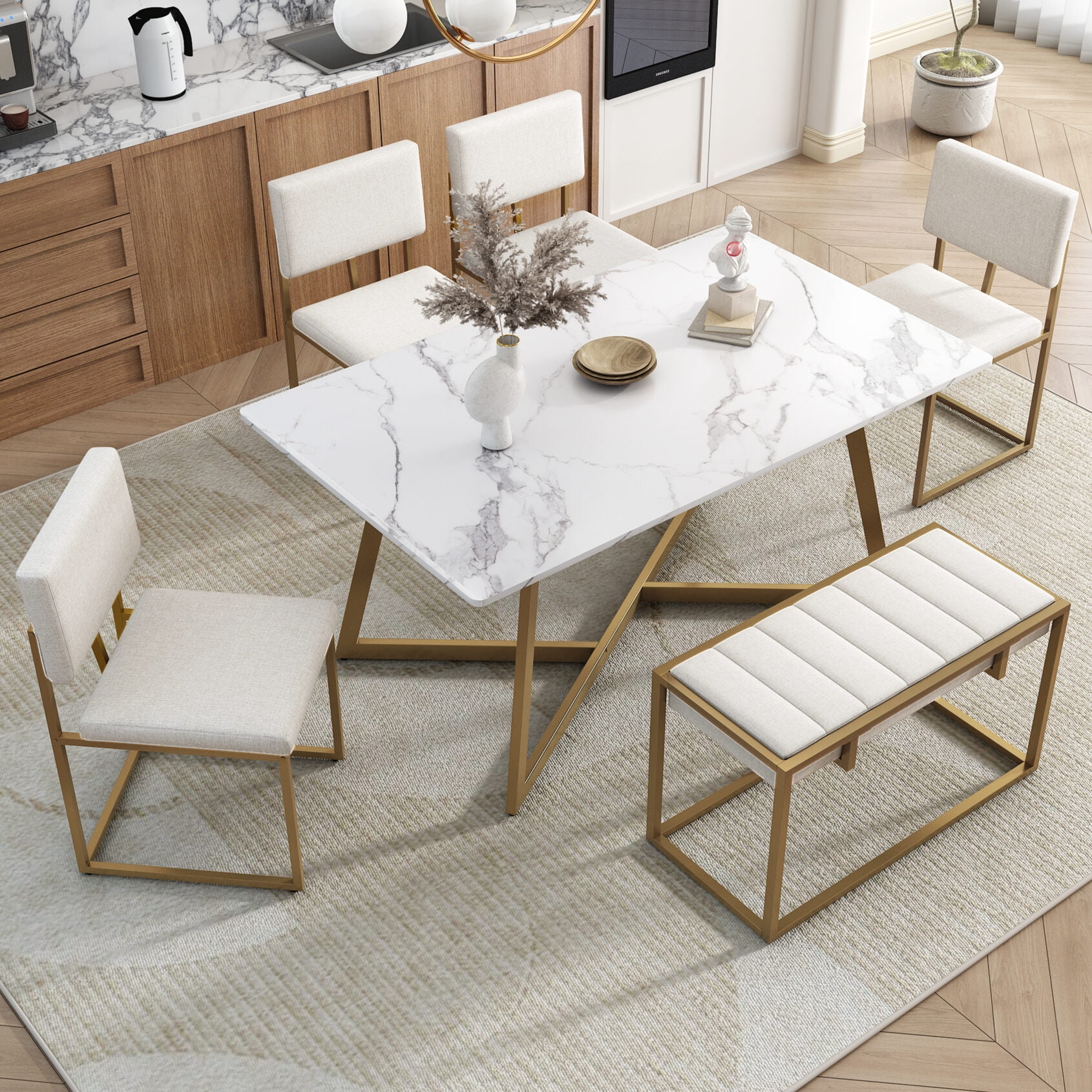 Modern Faux Marble 6 Piece Dining Table Set 60 inch Metal Kitchen Table Set with Upholstered Dining Chairs and Bench Kitchen Dining Room Table and