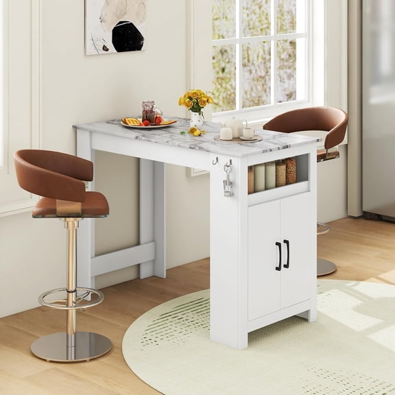 Modern Faux Marble Bar Table with Storage Cabinet and Hooks for Kitchen Dining Room