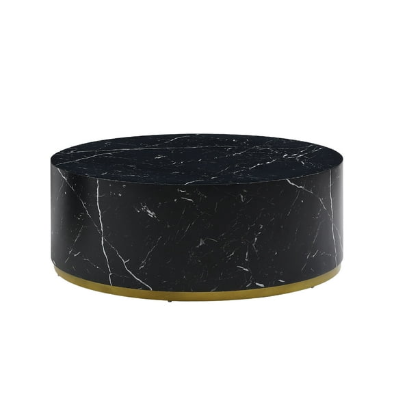 Modern Faux Marble Coffee Table - 35.43" Black Round Accent Tea Table with Gold Metal Base for Living Room, Elegant MDF & Durable Metal Construction