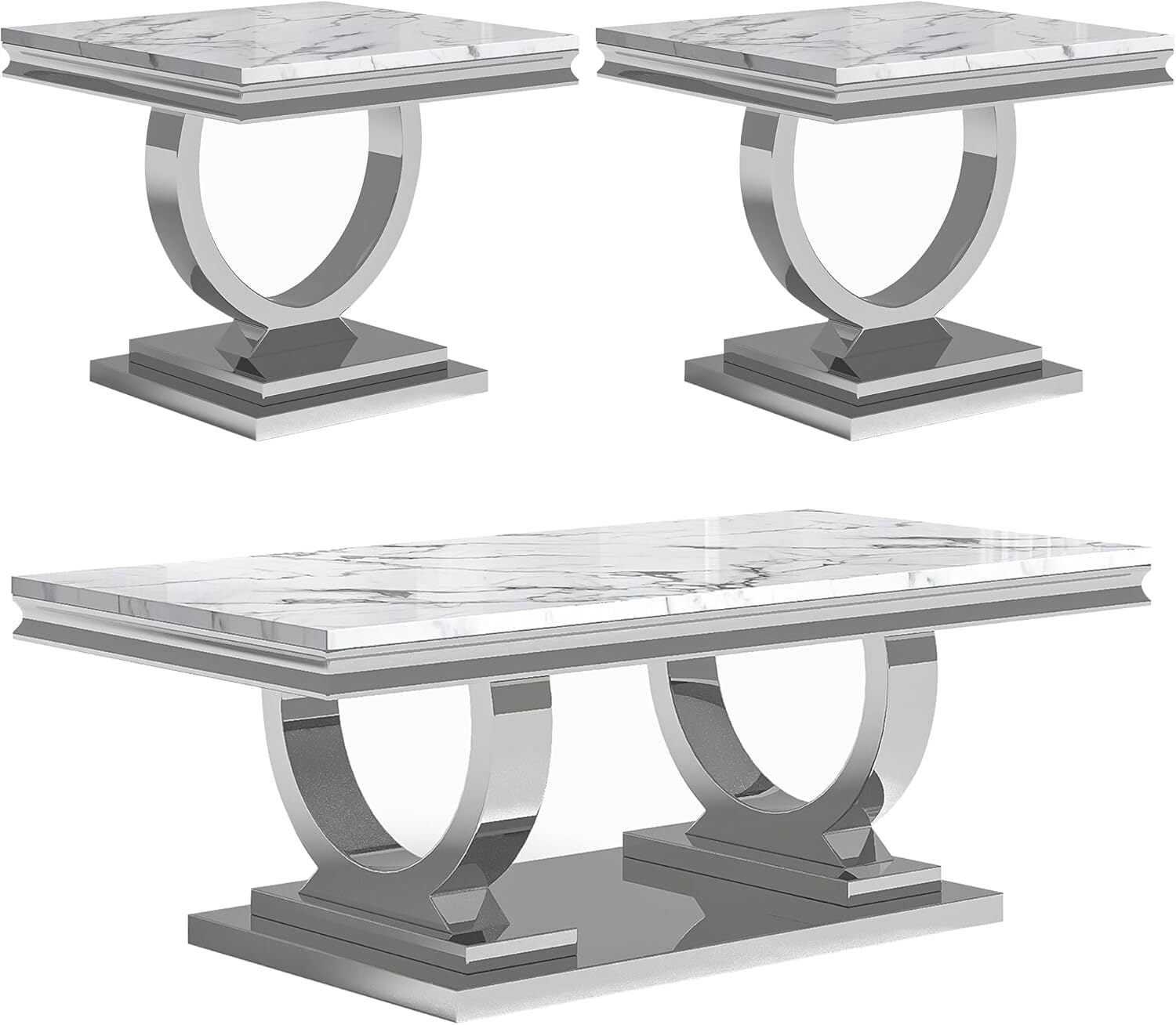 Modern Faux Marble Coffee Table Set of 3, Coffee Table and 2 End Tables, Silver Stainless Steel O-Base, for Living Room, Hallway, Bedroom