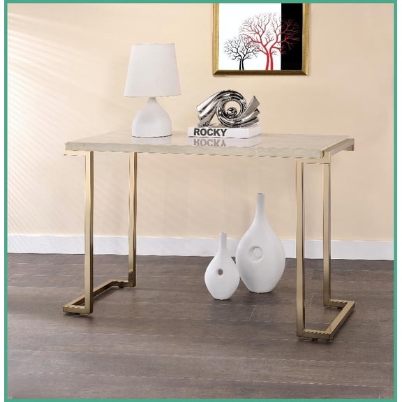 Modern Faux Marble Coffee Table with Champagne Geometric Metal Base Easy-Clean Top for Living Room