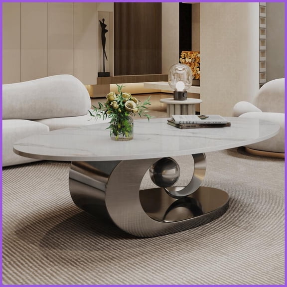 Modern Faux Marble Coffee Table with Sculptural Stainless Steel Base Easy Clean & Stable for Living Room