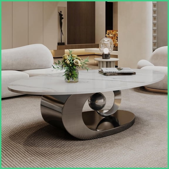 Modern Faux Marble Coffee Table with Sculptural Stainless Steel Base Easy Clean & Stable