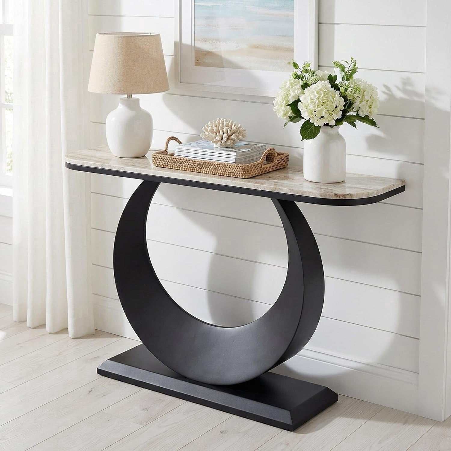 Modern Faux Marble Console Table Luxury Entryway Table with Sculptural Metal Base, Narrow Sofa Table Behind Couch for Living Room, Hallway, Foyer
