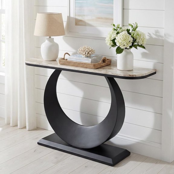 Modern Faux Marble Console Table Luxury Entryway Table with Sculptural Metal Base, Narrow Sofa Table Behind Couch for Living Room, Hallway, Foyer