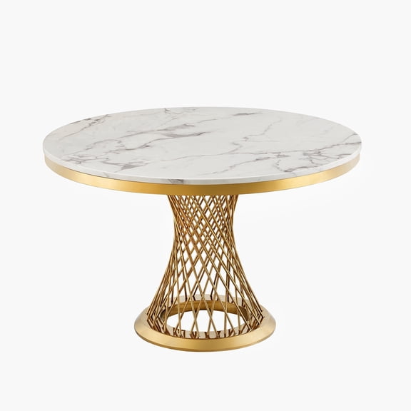 Newdopro 47 Inch Round Modern Faux Marble Dining Table, Hourglass Gold Metal Base Seats 4-6, White Gold Kitchen Furniture