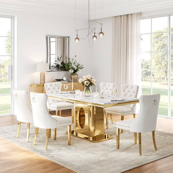 Modern Faux Marble Dining Table Set, 69" Rectangular Faux Marble Tabletop with Polished Stainless Steel Base and 6 Tufted Velvet Chairs