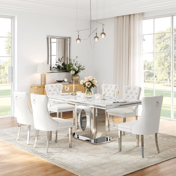 Modern Faux Marble Dining Table Set, 69" Rectangular Faux Marble Tabletop with Polished Stainless Steel Base and 6 Tufted Velvet Chairs
