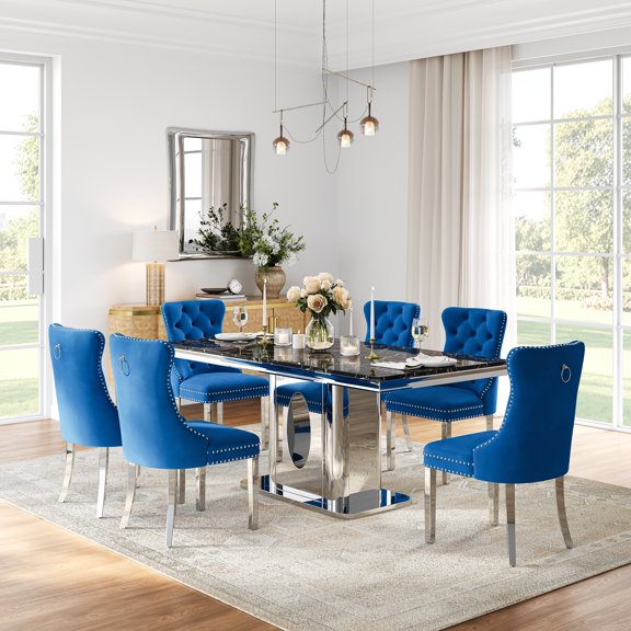 Modern Faux Marble Dining Table Set, 69" Rectangular Faux Marble Tabletop with Polished Stainless Steel Base and 6 Tufted Velvet Chairs