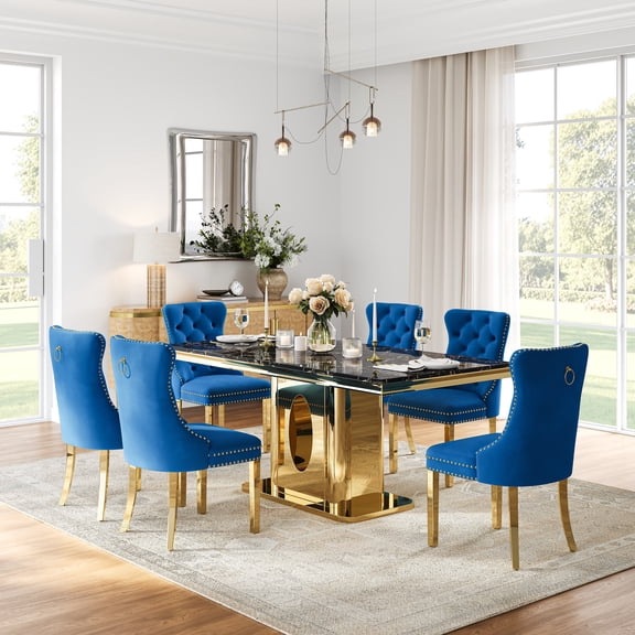 Modern Faux Marble Dining Table Set, 69" Rectangular Faux Marble Tabletop with Polished Stainless Steel Base and 6 Tufted Velvet Chairs