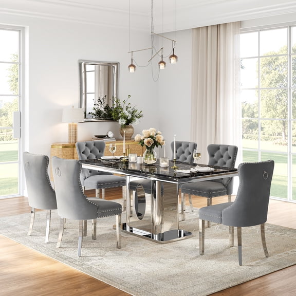 Modern Faux Marble Dining Table Set, 69" Rectangular Faux Marble Tabletop with Polished Stainless Steel Base and 6 Tufted Velvet Chairs