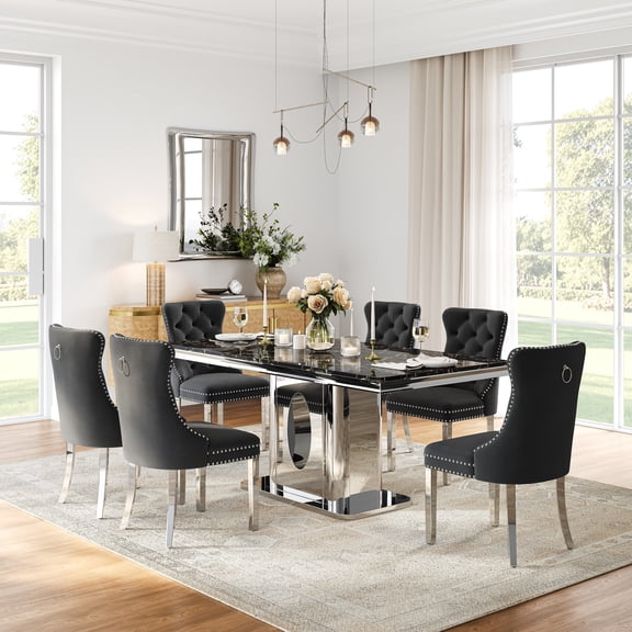Modern Faux Marble Dining Table Set, 69" Rectangular Faux Marble Tabletop with Polished Stainless Steel Base and 6 Tufted Velvet Chairs