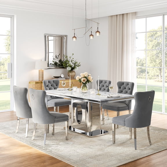 Modern Faux Marble Dining Table Set, 69" Rectangular Faux Marble Tabletop with Polished Stainless Steel Base and 6 Tufted Velvet Chairs