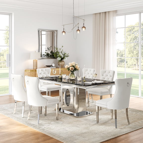 Modern Faux Marble Dining Table Set, 69" Rectangular Faux Marble Tabletop with Polished Stainless Steel Base and 6 Tufted Velvet Chairs