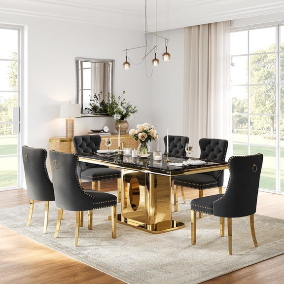Modern Faux Marble Dining Table Set, 69" Rectangular Faux Marble Tabletop with Polished Stainless Steel Base and 6 Tufted Velvet Chairs