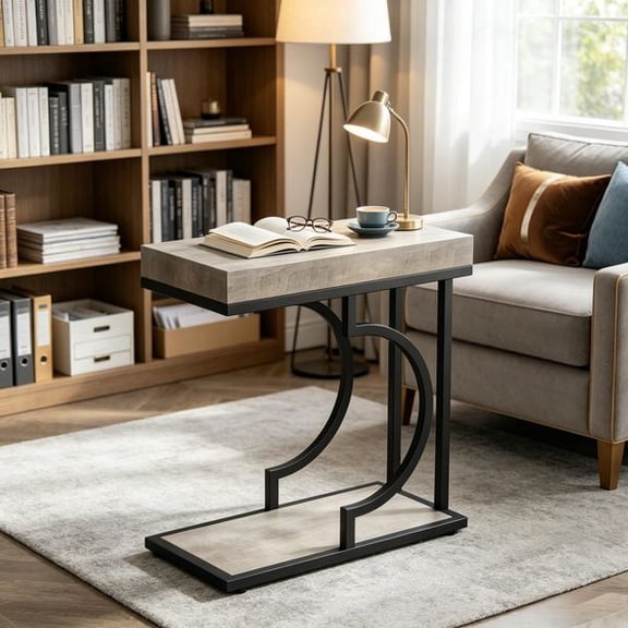 Modern Faux Marble End Table with Gold Semicircular Metal Frame, Waterproof Particle Board Top, Easy to Clean Compact C-Shaped Side Table for Living Room Bedroom