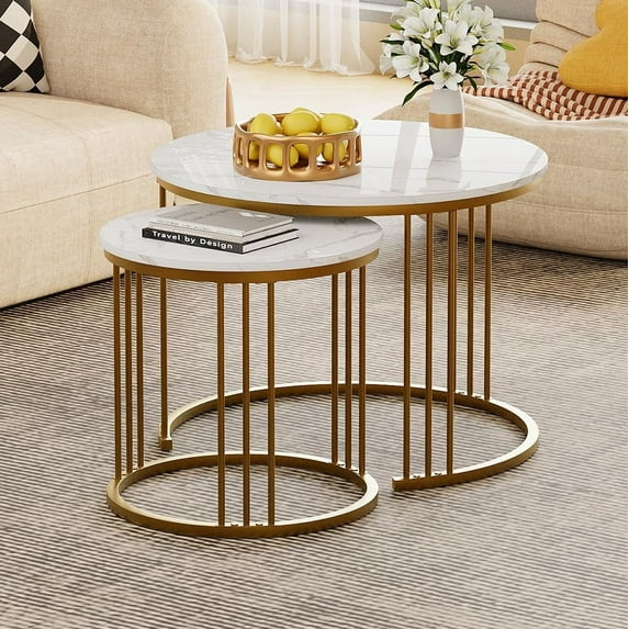 Modern Faux Marble Nesting Coffee Table 2 Sets, White & Gold End Side Nightstand, Versatile Design, Sturdy Practical Small Space Living Dining Room Table