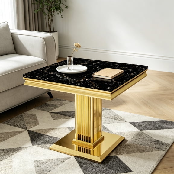 Modern Faux Marble Side Table, Square End Table with Mirrored Stainless Steel Base, Pedestal Table Coffee Table for Living Room, Gold & Black
