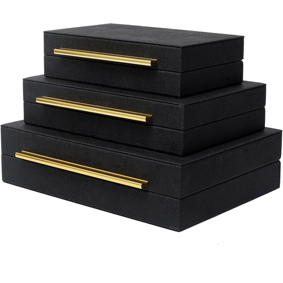 Faux Shagreen Decorative Storage Boxes with Gold Handles and Velvet Lining Black Set of 3